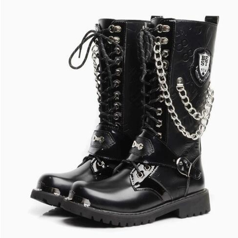 Steel Chain - Men Fashion Motorcycle Boots Mid-calf Breathable