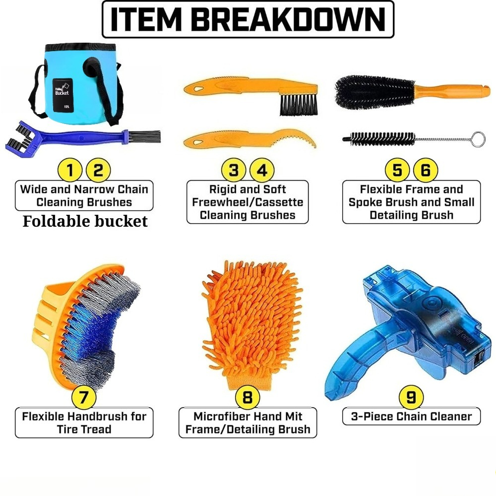 9PCS Bike Cleaning Kit Compreh - Chain Sprocket Set ulasan dan harga